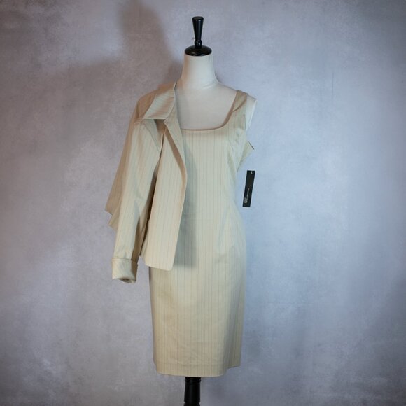 Jones New York Set Suit Dress and Blazer Jacket Striped Petite Tan Beige Size 12 - Picture 1 of 15